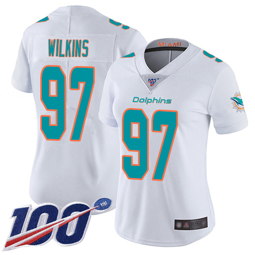 Nike Miami Dolphins #97 Christian Wilkins White Women Stitched NFL 100th Season Vapor Limited Jersey->women nfl jersey->Women Jersey